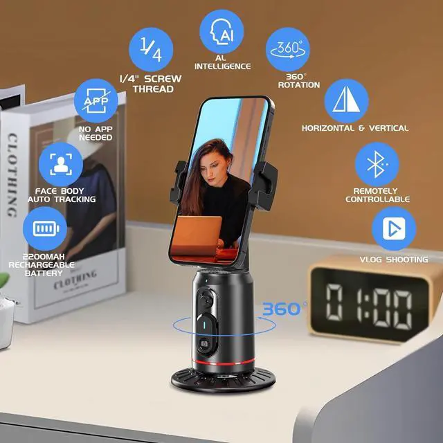 Alt view image 2 of 7 - Auto Face Tracking Phone Holder for Phone, GoPro, Compact Camera, 360° Rotation Mount with Remote Compatible with Tripod, Rotating Stand for iPhone for Vlog, Streaming, Video, FaceTime, TIK Tok