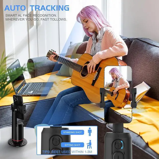 Alt view image 3 of 7 - Auto Face Tracking Phone Holder for Phone, GoPro, Compact Camera, 360° Rotation Mount with Remote Compatible with Tripod, Rotating Stand for iPhone for Vlog, Streaming, Video, FaceTime, TIK Tok