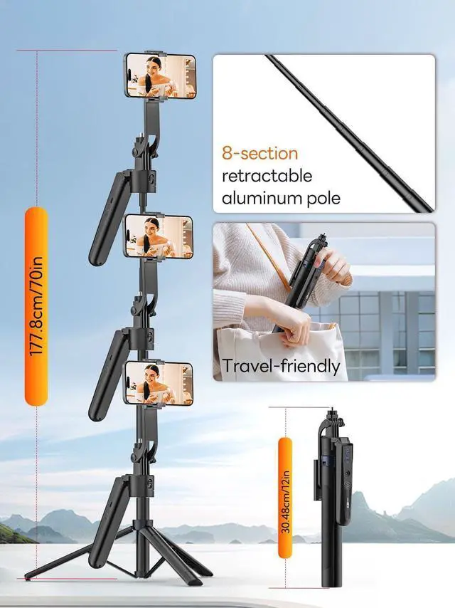 Alt view image 7 of 7 - 70 Auto Face Tracking Tripod, Extendable 360° Rotation Phone Tripod for iPhone and Android, Selfie Stick for iPhone w/Remote Control,Phone Holder Video Recording for TikTok(UTK-01)