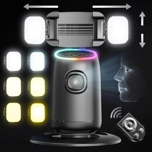 Main image of Auto Face Tracking Tripod,360°Rotation Tracking Phone Stand,Phone Camera Stand with Remote,Colorful Light and Gesture Control,Rechargeable Smart Shooting Stand for Live Video Recording,FaceTime,No APP