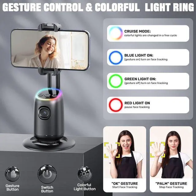 Alt view image 3 of 6 - Auto Face Tracking Tripod,360°Rotation Tracking Phone Stand,Phone Camera Stand with Remote,Colorful Light and Gesture Control,Rechargeable Smart Shooting Stand for Live Video Recording,FaceTime,No APP