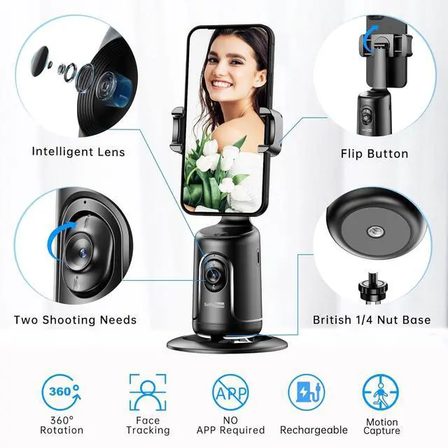 Alt view image 7 of 7 - Auto Tracking Phone Holder, Auto Face Tracking Tripod, Portable All-in-one Smart Selfie Stick 360 Rotation Fast Face & Object Tracking Cameraman Robot Mount for Phone Video Vlog Live Streaming(Black)