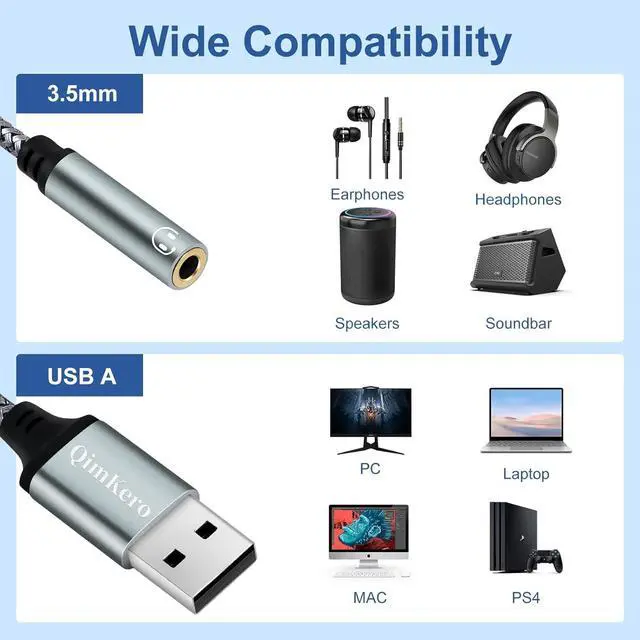 Alt view image 5 of 6 - (2-Pack) QimKero External Stereo Sound Card, USB-A to 3.5mm TRRS 4-Pole Female, USB to 3.5mm AUX Stereo Audio Cable for PC Windows, Laptop, Mac, Desktops, Linux, PS4 Plug and Play No Drivers Needed