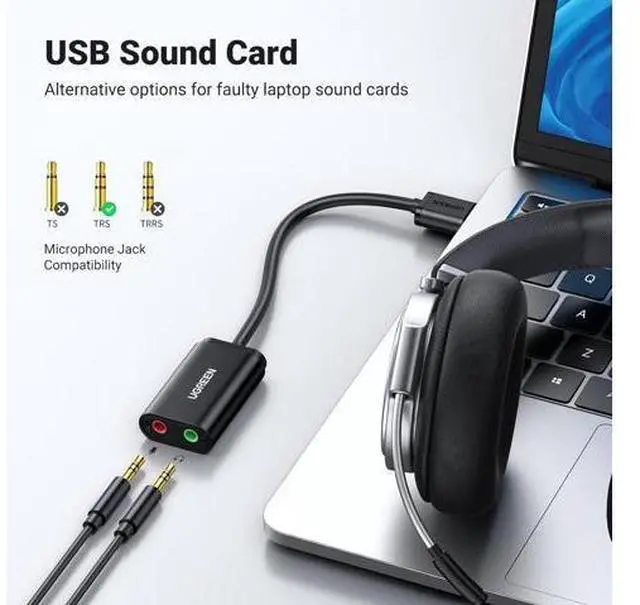 Alt view image 2 of 7 - USB to Audio Jack Sound Card Adapter with Dual TRS 3-Pole 3.5mm Headphone and Microphone USB to Aux 3.5mm External Audio Converter for Windows Mac Linux PC Laptops Desktops PS5 Switch 2