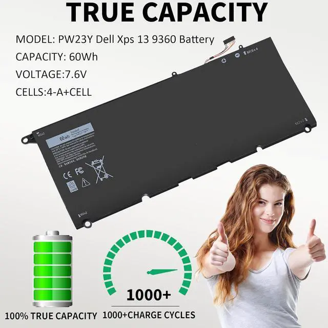 Alt view image 4 of 6 - PW23Y Laptop Battery Replacement for Dell XPS 13 9360 P54G002 13-9360-D1605G 13-9360-D1605T 13-9360-D1609 13-9360-D1609G 13-9360-D1705G Series Rechargeable TP1GT RNP72 0RNP72 0TP1GT