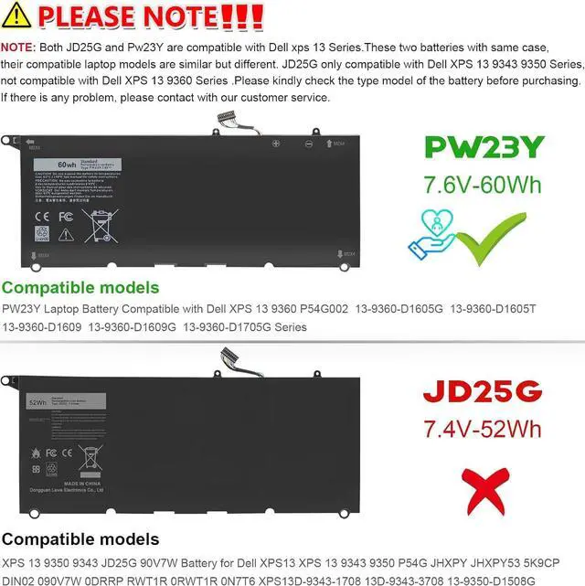 Alt view image 2 of 6 - PW23Y Laptop Battery Replacement for Dell XPS 13 9360 P54G002 13-9360-D1605G 13-9360-D1605T 13-9360-D1609 13-9360-D1609G 13-9360-D1705G Series Rechargeable TP1GT RNP72 0RNP72 0TP1GT