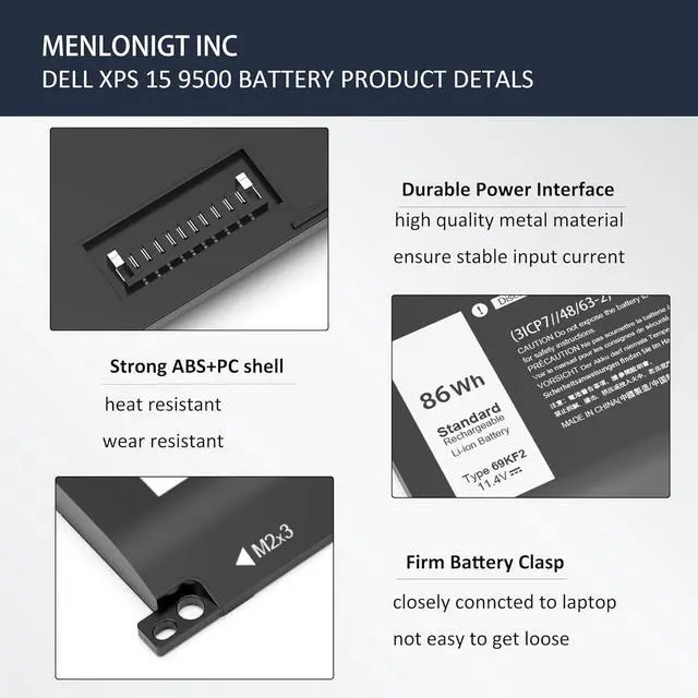 Alt view image 3 of 4 - 86Wh 69KF2 Battery Replacement for Dell G7 15 7500 G15 5510 5511 5515 5520 5521 XPS 15 9500 9510 9520 Precision 5550 5560 5570 Alienware M15 R3 R4 M17 R3 R4 Inspiron 7510 7610 7620 P87F P91F P45E