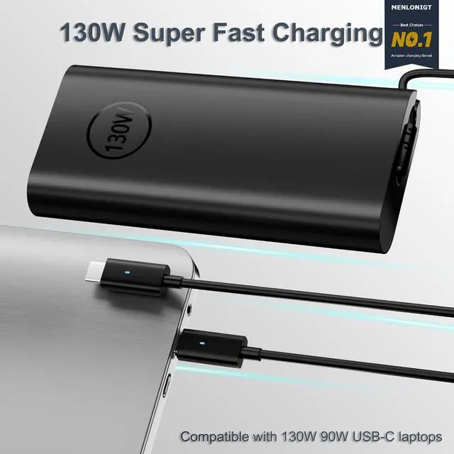 Alt view image 3 of 7 - 130W Power Supply Cord Replacement for Dell Laptop Charger USB C Type C Slim AC Power Adapter for Dell XPS 15 2in1 9575 Precision 5550 5530 2in1 Latitude 7410 7310 7210 9410 9510 9575 5420 5520 5510