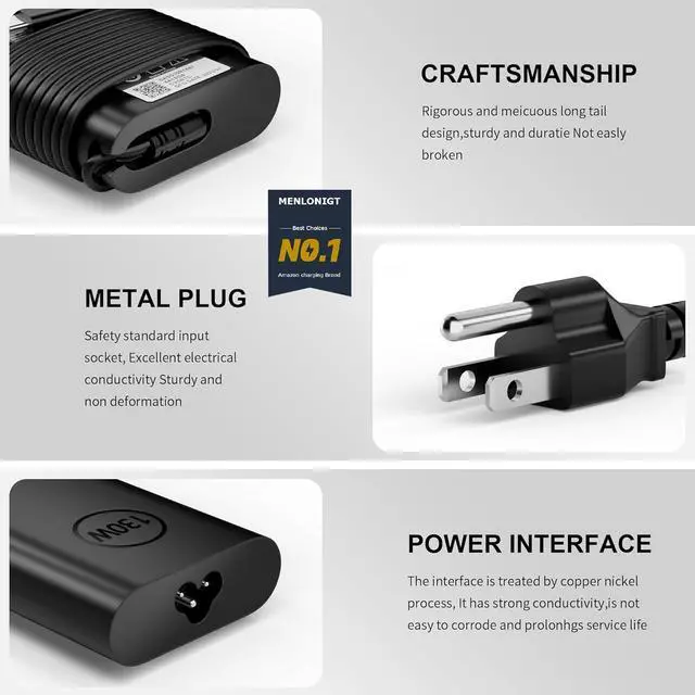 Alt view image 7 of 7 - 130W Power Supply Cord Replacement for Dell Laptop Charger USB C Type C Slim AC Power Adapter for Dell XPS 15 2in1 9575 Precision 5550 5530 2in1 Latitude 7410 7310 7210 9410 9510 9575 5420 5520 5510