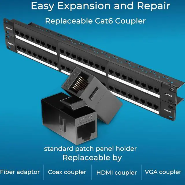 Alt view image 3 of 6 - Patch Panel 48 Port Cat6A with Inline Keystone 10G Support, Pass-Thru Coupler UTP 19-Inch with Removable Back Bar, 1U Network Patch Panel for Cat6A,Cat6, Cat5e, Cat5 Cabling