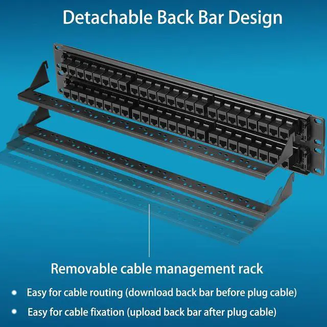 Alt view image 5 of 6 - Patch Panel 48 Port Cat6A with Inline Keystone 10G Support, Pass-Thru Coupler UTP 19-Inch with Removable Back Bar, 1U Network Patch Panel for Cat6A,Cat6, Cat5e, Cat5 Cabling