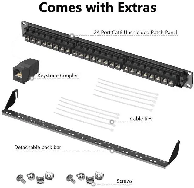 Alt view image 5 of 6 - 24 Port Patch Panel Rackmount or Wall Mount 19-Inch, 1U Cat6 Network Panel Preloaded with 24 Keystone Couplers plus 1 Spare, 10Gbps Ethernet Patch Panel with Cable Management & Back Support Bar