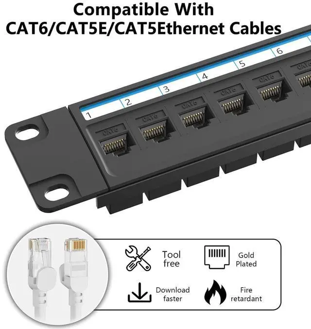 Alt view image 4 of 6 - 24 Port Patch Panel Rackmount or Wall Mount 19-Inch, 1U Cat6 Network Panel Preloaded with 24 Keystone Couplers plus 1 Spare, 10Gbps Ethernet Patch Panel with Cable Management & Back Support Bar