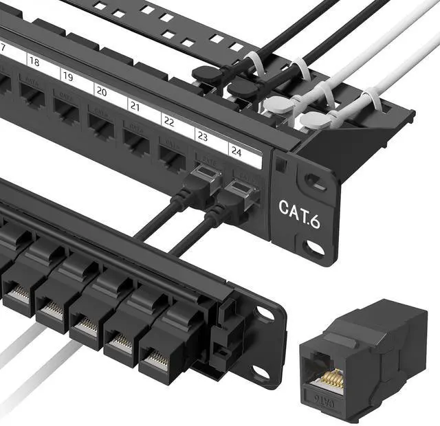 Main image of 24 Port Patch Panel Rackmount or Wall Mount 19-Inch, 1U Cat6 Network Panel Preloaded with 24 Keystone Couplers plus 1 Spare, 10Gbps Ethernet Patch Panel with Cable Management & Back Support Bar