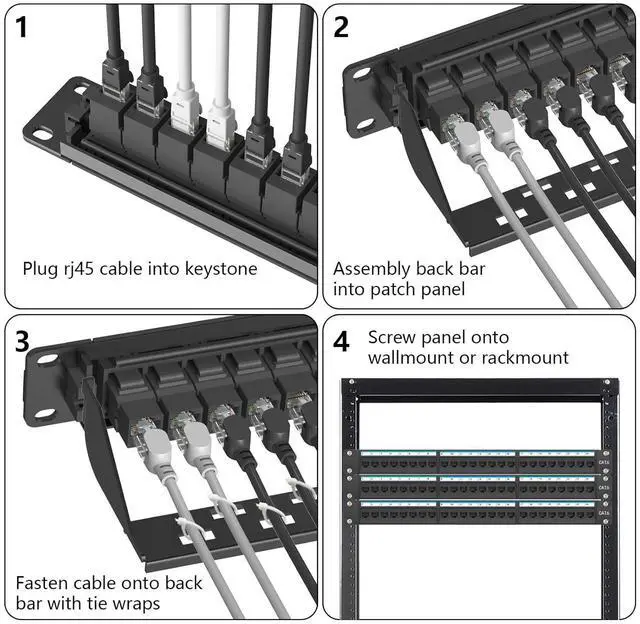 Alt view image 6 of 6 - 24 Port Patch Panel Rackmount or Wall Mount 19-Inch, 1U Cat6 Network Panel Preloaded with 24 Keystone Couplers plus 1 Spare, 10Gbps Ethernet Patch Panel with Cable Management & Back Support Bar