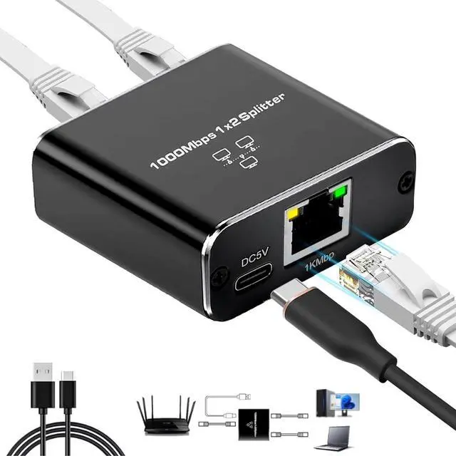 Main image of Gigabit Ethernet Splitter 1 to 2-1000Mbps High Speed RJ45 Port Multiplier with USB-C Power, LAN Network Switch for Cat5/5e/6/7/8 Cables, Plug & Play Internet Switch 1 in 2 Out for Laptop Game