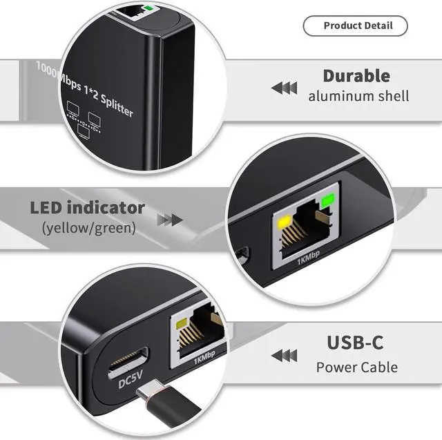 Alt view image 2 of 7 - Gigabit Ethernet Splitter 1 to 2-1000Mbps High Speed RJ45 Port Multiplier with USB-C Power, LAN Network Switch for Cat5/5e/6/7/8 Cables, Plug & Play Internet Switch 1 in 2 Out for Laptop Game