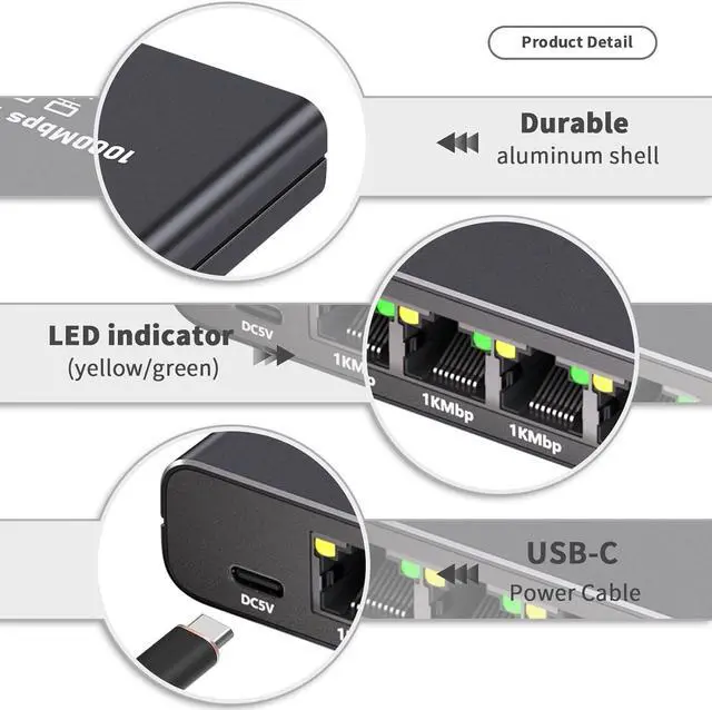 Alt view image 2 of 7 - Gigabit Ethernet Splitter 1 to 4-1000Mbps RJ45 Port Router Switch with USB-C Power, Plug & Play 1-in-4-Out LAN Adapter for Cat5/5e/6/7/8 Cables, High Speed Network Switch for Desktop Printer Camera