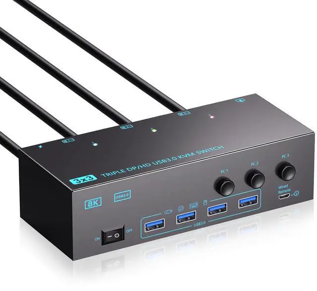 Main image of 3 Monitors 3 Computers KVM Switch, 8K@60Hz KVM Switcher, 3 Monitors 3 Computers KVM Switches with 4 USB3.0 Ports, 4K Switch Keyboard Mouse Printer with USB Cables, Power Adapter