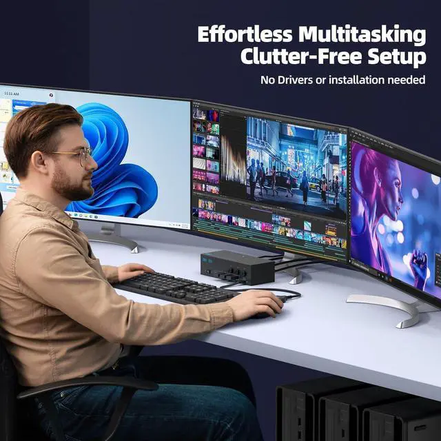 Alt view image 4 of 7 - 3 Monitors 3 Computers KVM Switch, 8K@60Hz KVM Switcher, 3 Monitors 3 Computers KVM Switches with 4 USB3.0 Ports, 4K Switch Keyboard Mouse Printer with USB Cables, Power Adapter