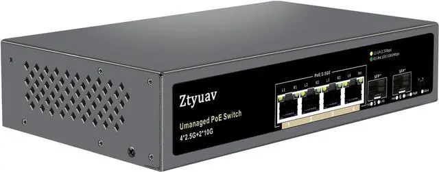 Main image of 6 Port Unmanaged 2.5G PoE Switch with 4 x 2.5G PoE+ Ports @75W, 2 x 10G SFP+, IEEE802.3af/at Compliant, Ports Speed Auto-Negotiation, One-Key VLAN, Plug & Play, Fanless Metal Design