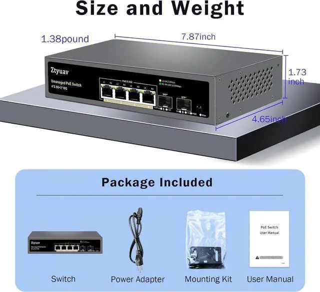 Alt view image 6 of 7 - 6 Port Unmanaged 2.5G PoE Switch with 4 x 2.5G PoE+ Ports @75W, 2 x 10G SFP+, IEEE802.3af/at Compliant, Ports Speed Auto-Negotiation, One-Key VLAN, Plug & Play, Fanless Metal Design