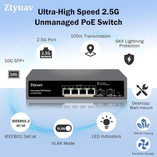 Alt view image 3 of 7 - 6 Port Unmanaged 2.5G PoE Switch with 4 x 2.5G PoE+ Ports @75W, 2 x 10G SFP+, IEEE802.3af/at Compliant, Ports Speed Auto-Negotiation, One-Key VLAN, Plug & Play, Fanless Metal Design