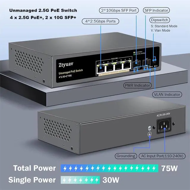 Alt view image 2 of 7 - 6 Port Unmanaged 2.5G PoE Switch with 4 x 2.5G PoE+ Ports @75W, 2 x 10G SFP+, IEEE802.3af/at Compliant, Ports Speed Auto-Negotiation, One-Key VLAN, Plug & Play, Fanless Metal Design