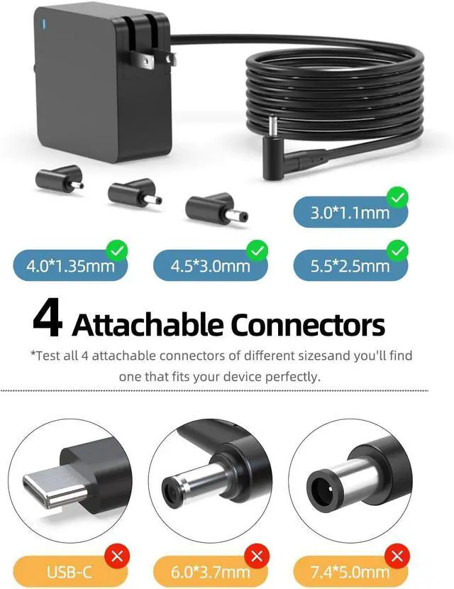 Alt view image 2 of 4 - Charger Replacement for Asus Laptop Charger, for Vivobook, Zenbook, (Safety Certified by UL), Round Power Connector, 65W, 45W, 33W