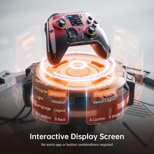 Alt view image 2 of 7 - Wireless Gaming Controller with Interactive Screen, 1000Hz Polling Rate, Hall Joysticks & Triggers, 4 Programmable Buttons, Compatible with PC, Switch, PS4, iOS, Android, Red
