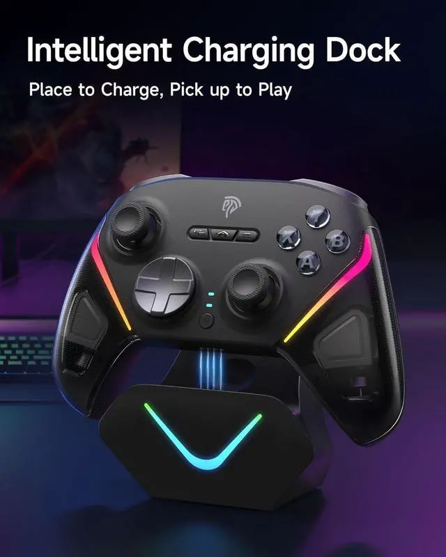 Alt view image 6 of 7 - Wireless Gaming Controller  TMR Joysticks, Dual-Mode Triggers, Mechanical Keys, 1000Hz Polling, RGB  Bluetooth Gamepad for PC/Switch/Switch 2/iOS/Android TV with Charging Dock