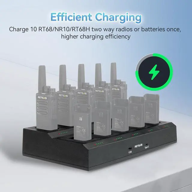 Alt view image 2 of 7 - Retevis RT68 10-Way Charger, Multi Unit Rapid Charger, for Retevis RT68 RT68H NR10 Walkie Talkie and Battery, 5 LED Indicators, Individually Replaceable Base, AC/DC Adapter,Multiple Protection