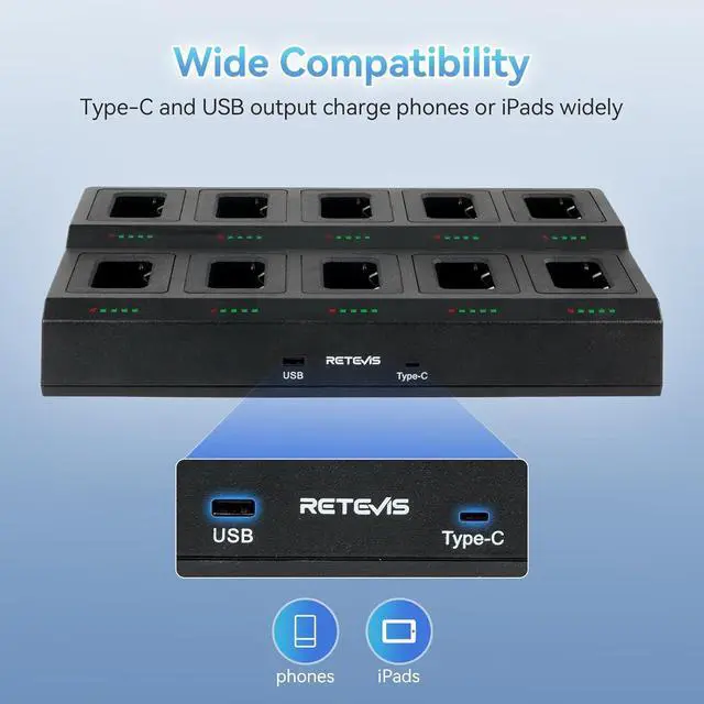 Alt view image 6 of 7 - Retevis RT68 10-Way Charger, Multi Unit Rapid Charger, for Retevis RT68 RT68H NR10 Walkie Talkie and Battery, 5 LED Indicators, Individually Replaceable Base, AC/DC Adapter,Multiple Protection