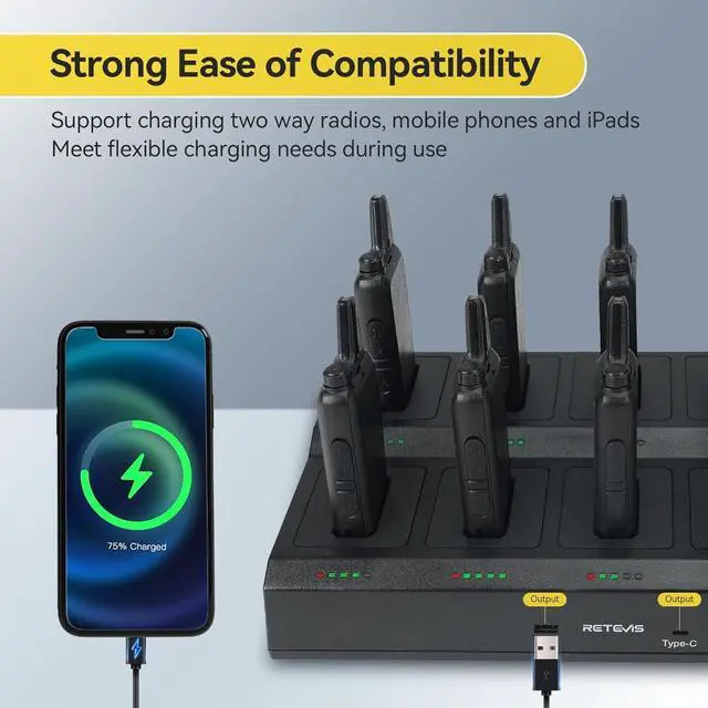 Alt view image 4 of 7 - Retevis RT22 Two Way Radio,Rechargeable Walkie Talkies Long Range(10 Pack) with 10 Way Gang Charger,Charging Progress Bar,Workplace Organization,Compact Walkie Talkie for Adults Office School Daycare