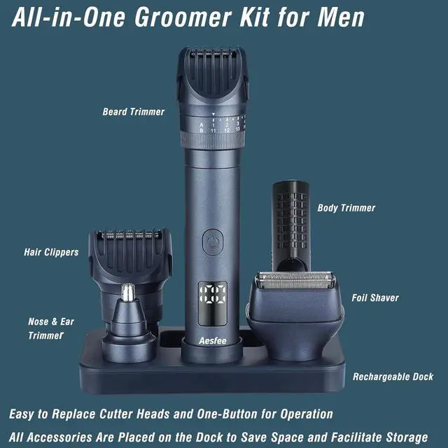 Alt view image 7 of 7 - Beard Trimmers Kit for Men Precise Dial Adjustable 20 Lengths, 5-IN-1 Electric Shavers and Hair Clippers Set - Body Nose Ear Mustache Hair Trimmers Razors Waterproof Wet/Dry - USB-C Charging Dock