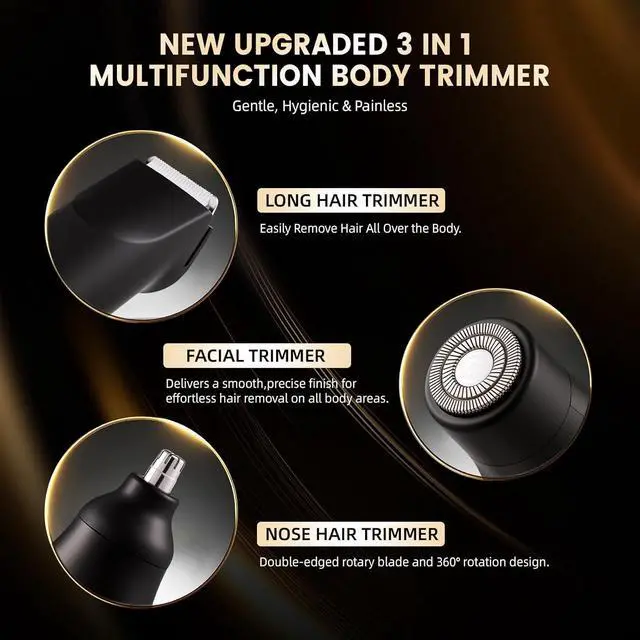 Alt view image 3 of 7 - Body Hair Trimmer for Men,3 in 1 Electric Razor with Ceramic Blades, IPX7 Waterproof, USB Rechargeable, Painless Hair Removal for Face,Body,Nose,Groin, Travel Grooming Kit (Black)