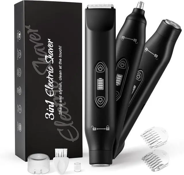 Main image of Body Hair Trimmer for Men,3 in 1 Electric Razor with Ceramic Blades, IPX7 Waterproof, USB Rechargeable, Painless Hair Removal for Face,Body,Nose,Groin, Travel Grooming Kit (Black)