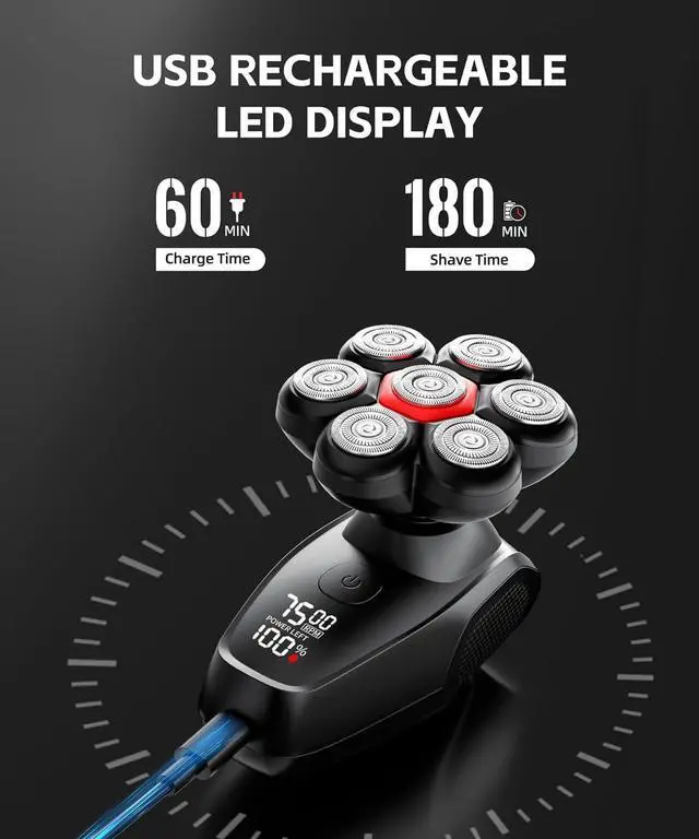 Alt view image 5 of 7 - Head Shavers for Bald Men, Magnetic 7D Electric Razor IPX8 Waterproof for Bald Men, Wet/Dry LED Display Rechargeable Rotary Shaver 5 in 1 Grooming Kit with USB-C Charge