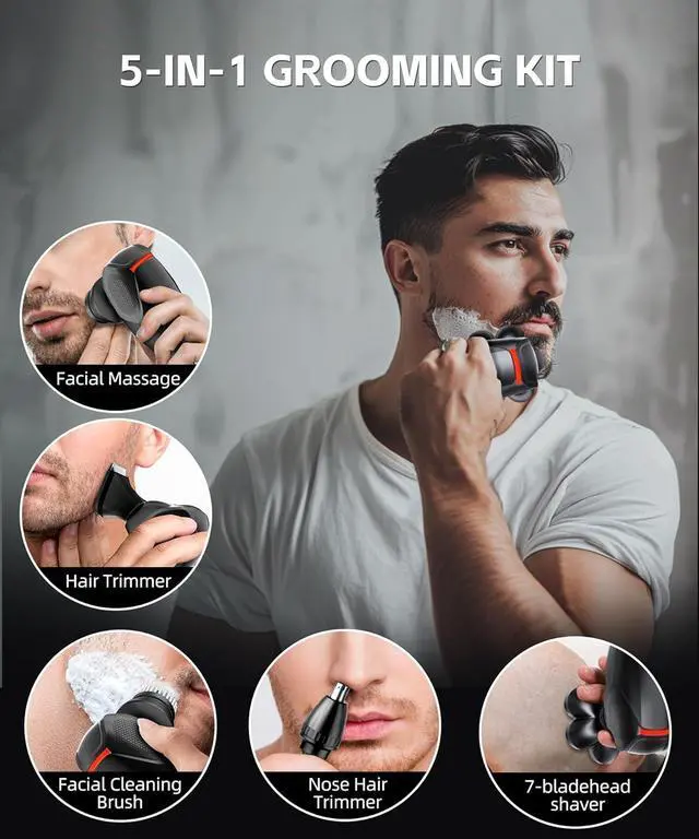 Alt view image 6 of 7 - Head Shavers for Bald Men, Magnetic 7D Electric Razor IPX8 Waterproof for Bald Men, Wet/Dry LED Display Rechargeable Rotary Shaver 5 in 1 Grooming Kit with USB-C Charge