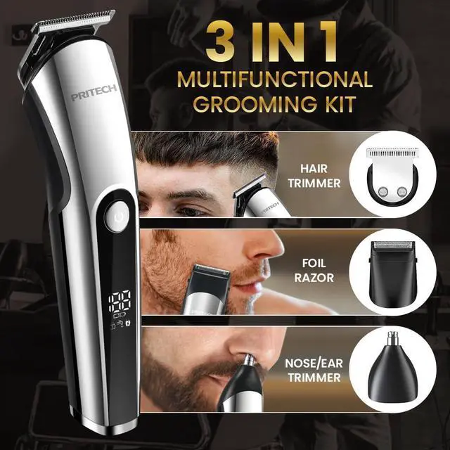 Alt view image 3 of 6 - Beard Trimmer for Men, 3 in 1 Hair Clippers for Men Kit, Nose,Ear,Micro Electric Shaver, Mens Grooming Set Cordless with LED Display IPX6 Waterproof (Silver)