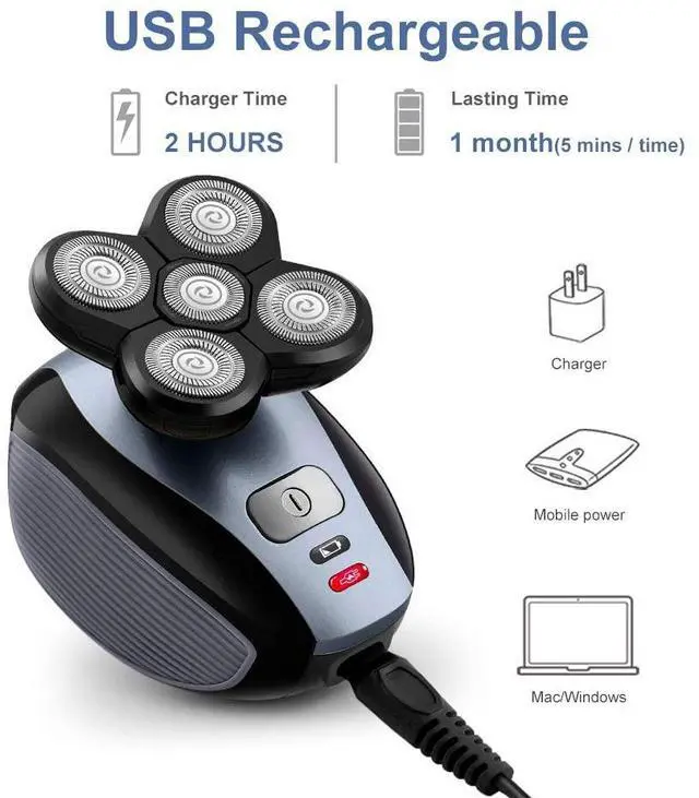 Alt view image 6 of 7 - 5-in-1 Electric Razor for Men, Wet&Dry Rechargeable Mens Rotary Shavers, 4D Floating 5 Head Cordless Grooming Kit with Waterproof IPX7, Beard, Nose, Ear, Body Hair Trimmer, Face Cleaning Brush