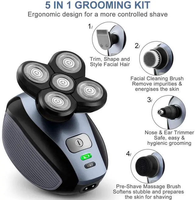 Alt view image 2 of 7 - 5-in-1 Electric Razor for Men, Wet&Dry Rechargeable Mens Rotary Shavers, 4D Floating 5 Head Cordless Grooming Kit with Waterproof IPX7, Beard, Nose, Ear, Body Hair Trimmer, Face Cleaning Brush