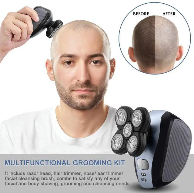 Alt view image 4 of 7 - 5-in-1 Electric Razor for Men, Wet&Dry Rechargeable Mens Rotary Shavers, 4D Floating 5 Head Cordless Grooming Kit with Waterproof IPX7, Beard, Nose, Ear, Body Hair Trimmer, Face Cleaning Brush