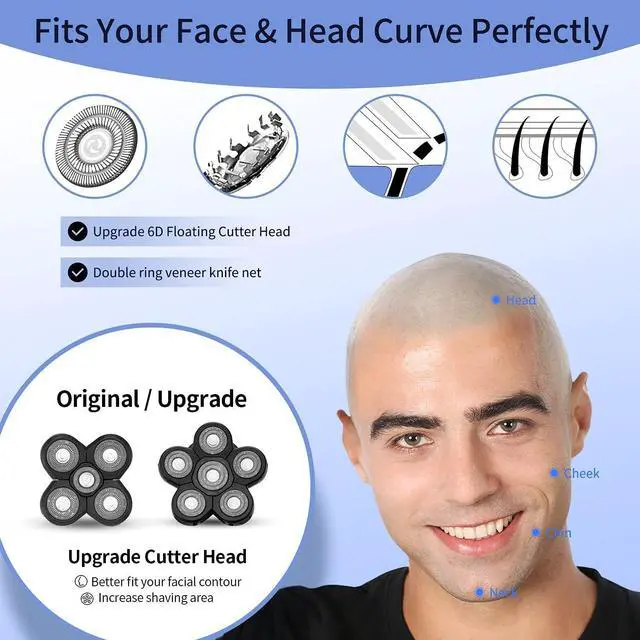 Alt view image 3 of 7 - Head Shavers for Men Upgraded 5 in 1 Multifunctional Bald Head Shaver Grooming Kit Cordless Electric Razor for Men Rotary Mens Head Razor Rechargeable Razors for Bald Man Waterproof (Blue)