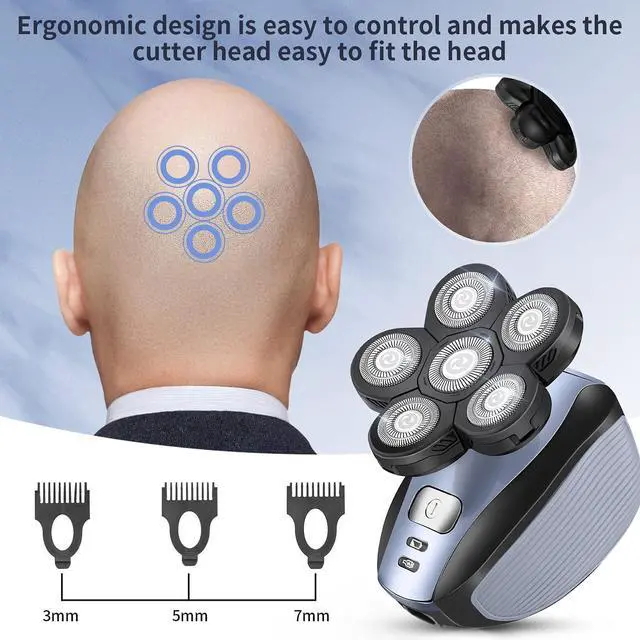 Alt view image 5 of 7 - Head Shavers for Men Upgraded 5 in 1 Multifunctional Bald Head Shaver Grooming Kit Cordless Electric Razor for Men Rotary Mens Head Razor Rechargeable Razors for Bald Man Waterproof (Blue)
