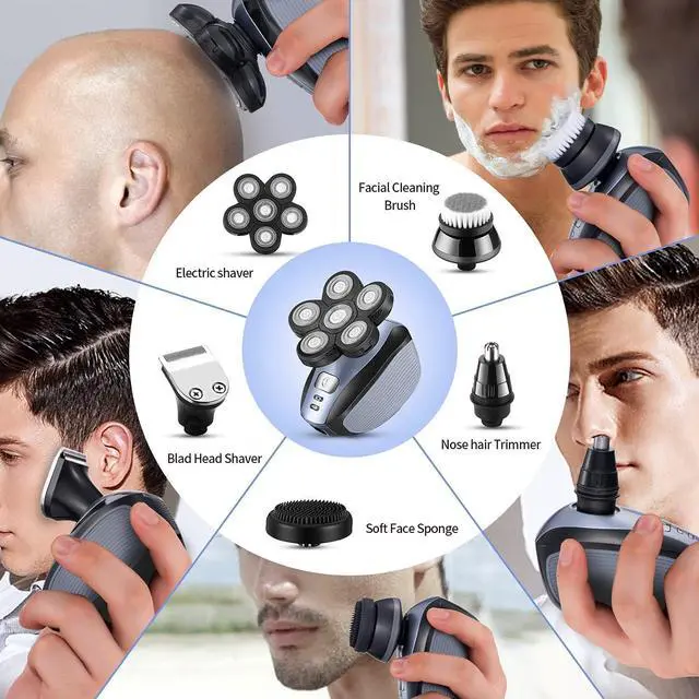 Alt view image 4 of 7 - Head Shavers for Men Upgraded 5 in 1 Multifunctional Bald Head Shaver Grooming Kit Cordless Electric Razor for Men Rotary Mens Head Razor Rechargeable Razors for Bald Man Waterproof (Blue)