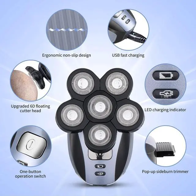 Alt view image 2 of 7 - Head Shavers for Men Upgraded 5 in 1 Multifunctional Bald Head Shaver Grooming Kit Cordless Electric Razor for Men Rotary Mens Head Razor Rechargeable Razors for Bald Man Waterproof (Blue)