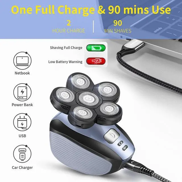 Alt view image 7 of 7 - Head Shavers for Men Upgraded 5 in 1 Multifunctional Bald Head Shaver Grooming Kit Cordless Electric Razor for Men Rotary Mens Head Razor Rechargeable Razors for Bald Man Waterproof (Blue)