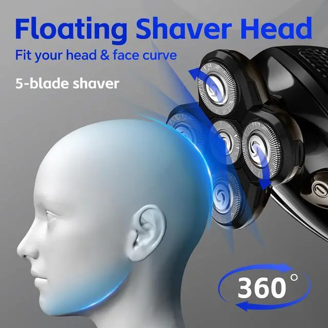 Alt view image 4 of 7 - Bald Head Shaver,Electric Head Shavers for Bald Men, 5-in-1 Head and Face Grooming Kit, Waterproof Cordless Rotary Razor and USB Rechargeable,Gifts for Men