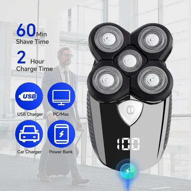 Alt view image 5 of 7 - Bald Head Shaver,Electric Head Shavers for Bald Men, 5-in-1 Head and Face Grooming Kit, Waterproof Cordless Rotary Razor and USB Rechargeable,Gifts for Men